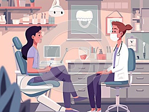 Cheerful female dentist discussing treatment with a male patient in a well-equipped dental office