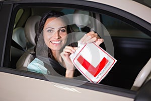 Cheerful female driver tearing up her L sign