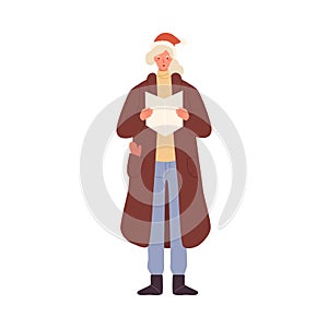 Cheerful female in holiday hat singing Christmas carol, song or hymn vector flat illustration. Woman reading text or