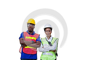 Cheerful female shipping company workers with clipping path, Cheerful factory worker man with clipping path smiling with arms