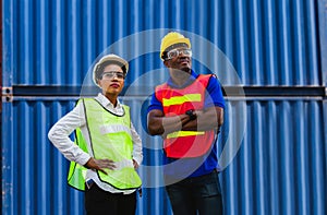 Cheerful female shipping company workers working at the harbor, Cheerful factory worker man smiling with arms crossed