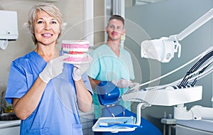 cheerful female stomatologist demonstrating tooth brushing on jaw model