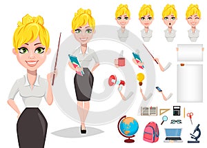 Cheerful female teacher character creation set.