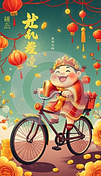 Joyful God of Wealth Riding a Bicycle photo