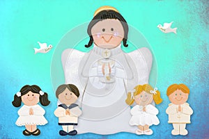 Cheerful first communion card, angel with children