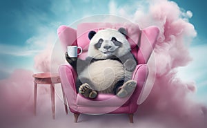 cheerful fluffy cute panda dreams in pink chair against blue sky with cotton candy clouds and drinks hot chocolate
