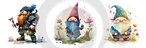 Cheerful forest gnomes in funny caps. Watercolor clipart bundle on a white background