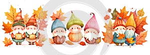 Cheerful forest gnomes with a gray beard and in funny caps with pumpkins and yellow leaves