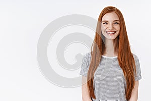 Cheerful friendly happy smiling ginger girl striped t-shirt have fun enjoying joyful company talking happily pleasantly