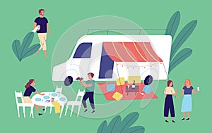 Cheerful friends relaxing together enjoying picnic vector flat illustration. Group of happy man and woman talking to