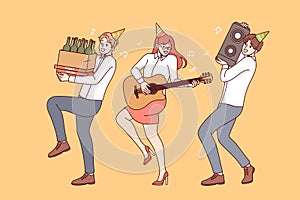 Cheerful friends rush to party with alcohol and musical equipment, rejoicing at coming weekend