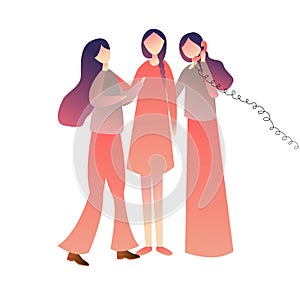 Cheerful friends woman girls standing on call together, enjoying playing old wired phone commubnication symbol. vector