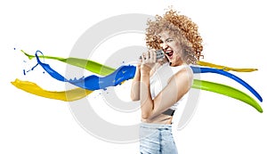 Cheerful frizzy-haired lady singing a rock song