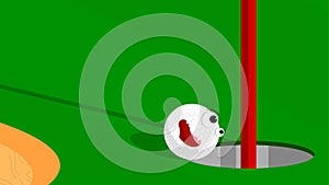 Cheerful funny sports golf ball rolling in hole on green field. Golf hole on course marked with flag. Active lifestyle. Cartoon