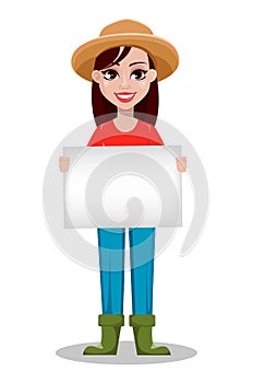 Cheerful gardener woman rancher holding blank placard.