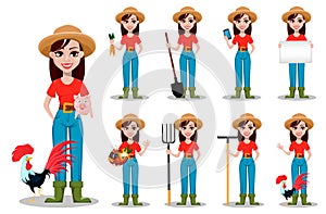 Cheerful gardener woman rancher, set of nine poses