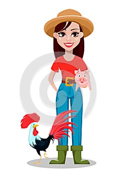 Cheerful gardener woman rancher standing with pig and rooster.