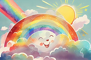 A cheerful generative ai illustration of a smiling sun surrounded by fluffy clouds and a colorful rainbow