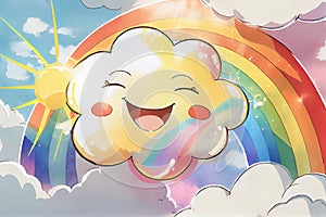 A cheerful generative ai illustration of a smiling sun surrounded by fluffy clouds and a colorful rainbow