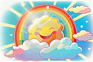 A cheerful generative ai illustration of a smiling sun surrounded by fluffy clouds and a colorful rainbow