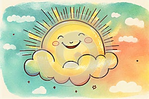 A cheerful generative ai illustration of a smiling sun surrounded by fluffy clouds and a colorful rainbow