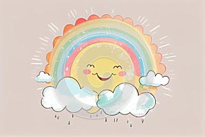 A cheerful generative ai illustration of a smiling sun surrounded by fluffy clouds and a colorful rainbow