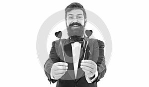 Cheerful gentleman in love. Businessman with beard mustache formal suit. Love and romance. Love euphoria. Romantic