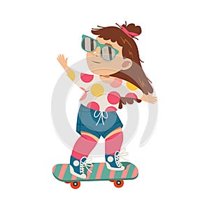 Cheerful Girl Athlete in Sunglasses Skateboarding Outdoor Vector Illustration