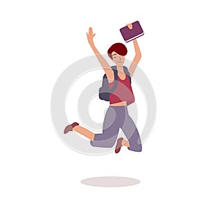 Cheerful girl with backpack and book smiling and jumping from happiness
