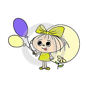 Cheerful girl with balloons and flowers, hand-drawn cartoon