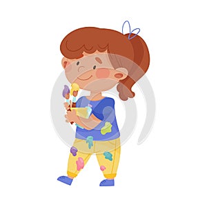 Cheerful Girl in Blotted Clothes Carrying Paintbrush and Paint Vector Illustration