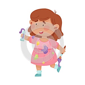 Cheerful Girl in Blotted Clothes Carrying Paintbrush and Paint Vector Illustration