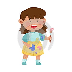 Cheerful Girl in Blotted Clothes Carrying Paintbrush with Paint Vector Illustration