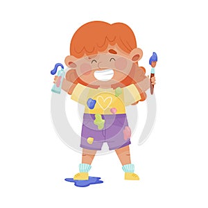 Cheerful Girl in Blotted Clothes Holding Paintbrush and Paint Vector Illustration