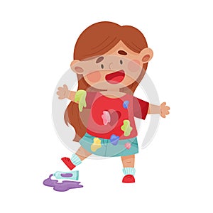 Cheerful Girl in Blotted Clothes Stepping on Tube with Paints Vector Illustration