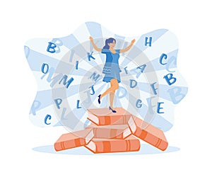 A cheerful girl in a blue dress is standing on a pile of books. Alphabet letters fly in the background. Self-improvement concept.