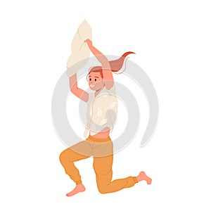 Cheerful girl cartoon character jumping with pillow fooling around with joy isolated on white