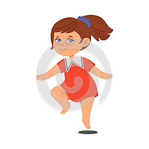 Cheerful Girl with Freckles and Dark Hair Jumping with Joy and Excitement Vector Illustration