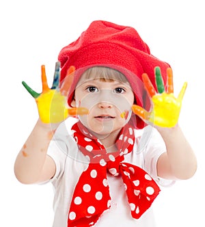 Cheerful girl kid with painted hands