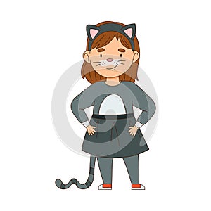 Cheerful Girl in Masquerade Costume of Cat and with Face Painting Engaged in Festive Celebration Vector Illustration