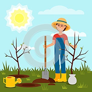 Cheerful girl planting tree. Young woman working in garden. Blue sky and bright sun. Natural landscape. Flat vector