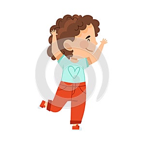 Cheerful Girl with Raised Hands Jumping with Joy and Excitement Vector Illustration