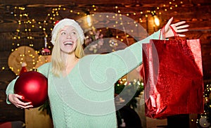 Cheerful girl red santa hat. Remember these moments. Christmas time. happy woman love presents. Winter shopping sales