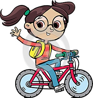 Cheerful girl rides a bicycle and waves