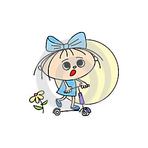 Cheerful girl with a scooter and flowers, hand-drawn cartoon