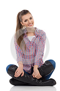 Cheerful Girl Sitting Legs Crossed