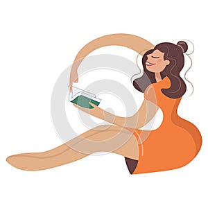 A cheerful girl is sitting, reading a book, energetically leafing through the pages. A woman in a bright orange dress