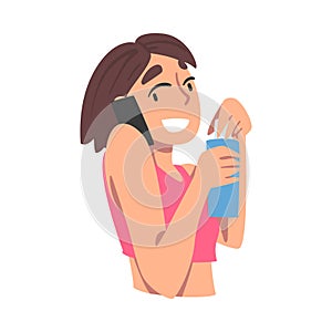 Cheerful Girl Talking on Phone with Water Bottle in her Hands, Young Woman Communicating Using Smartphone Cartoon Vector