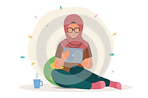 Cheerful Girl using digital tablet, happy woman, Islamic girl face in hijab, creative people, working at home, study, social netwo