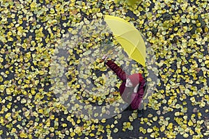 Cheerful girl walks through the autumn leaves with yellow umbrella. Walking in rainy autumn weather. Top view